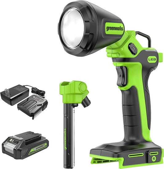 Greenworks 24V 2-in-1 Magnetic Work Light, 650 Lumens LED Spotlight and Project Light Tube, Pivoting Head, 3 Mode, SOS Function, with 2Ah Battery and Charger