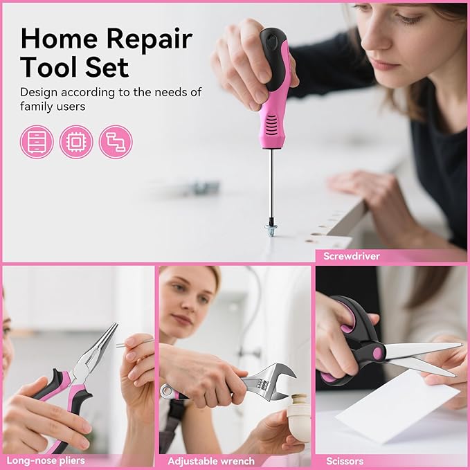 Pink Tool Kit 69 Piece Tool Kit for Women Small Basic Hand Tool Box Home Tool Set Perfect for Ladies and Girls with General Home Repairs, DIY Project,Office and College Dormitory Use