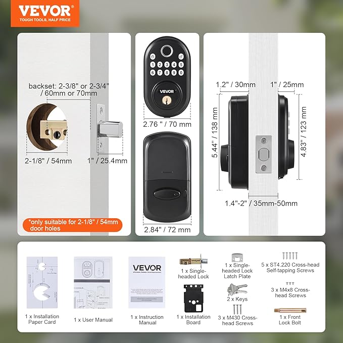 VEVOR Fingerprint Door Lock, with Fingerprint/Keypad Code/Key, One-Time and Anti-Peeking Password, Silent Mode, Constant Unlock Mode, Aluminum Alloy Panel, Electronic Keypad Deadbolt for Entry Doors