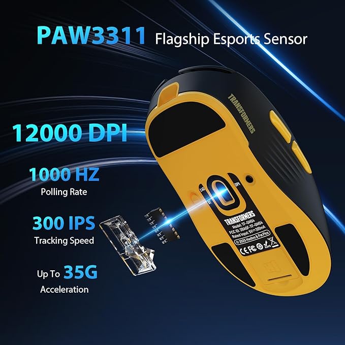 Transformers GM04 63g Lightweight Wireless Gaming Mouse, 12000 DPI, PAW3311 Sensor, 100h Battery Life, 2.4G/USB-C/Bluetooth Wireless Mouse with 5 Programmable Buttons for PC/Mac/Laptop(Black)