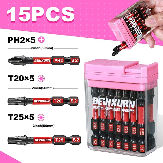 Impact Screwdriver Bits Set,15 PCS 2" Magnetic(PH2/T20/T25) S2 Steel Multi Driver Bits with Colorful Storage Box