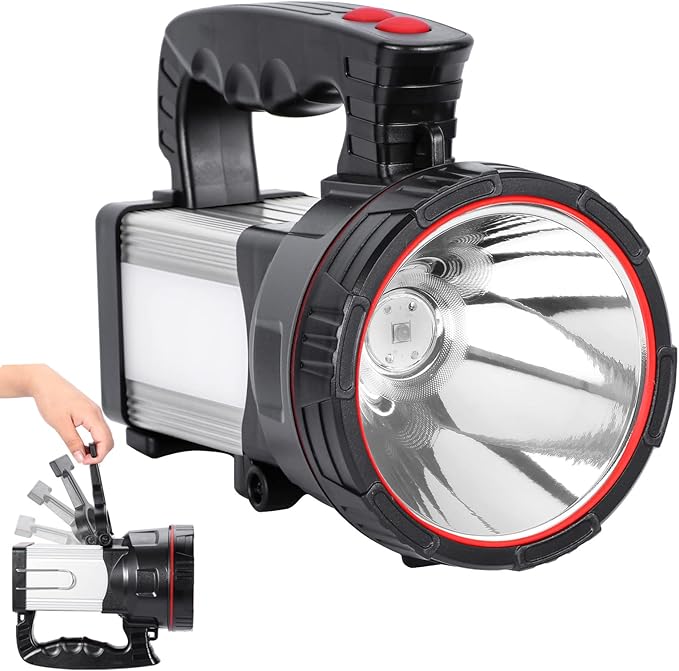 Superbright LED Handheld Searchlight Tactical Waterproof Spotlight High Power Rechargeable Flashlights with Side Light USB Power Charger (White Light)