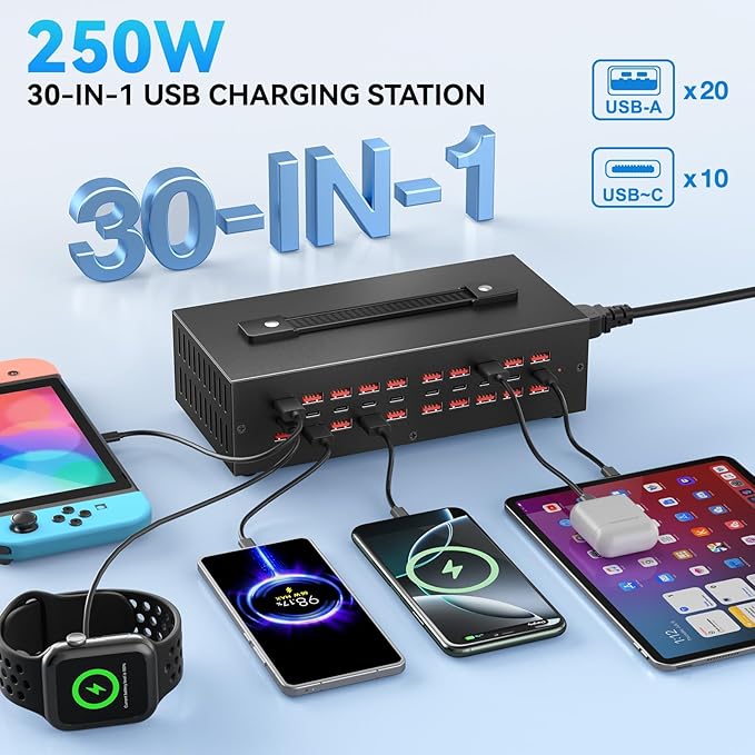 Portable USB~C Charger Block, 250W(30A) 30 Port (20 A & 10 C Port) Home Fast Charging Station for Multiple Devices, Desktop USB Wall Charger Compatible with iPhone, iPad, Kindle, Tablets, Watch