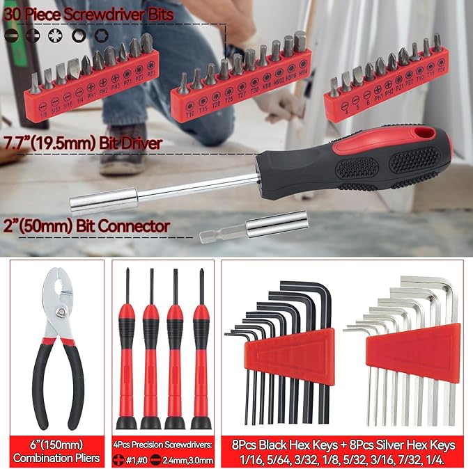 58 Piece Household Tool Set, General Household Hand Tool Kit with Plastic Toolbox Storage Case, All Purpose Household Tool Kit for Home, Garage, Office and College Dormitory Use, Red