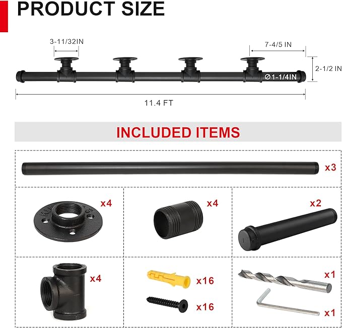 SCIEO Stair Railing Indoor, 11.4FT Staircase Handrail Wall Mount Hand Rail for Indoor & Outdoor Steps, Industrial Pipe Stair Handrails Grab Bar Metal Galvanized Steel Hand Railing for Stairs Steps