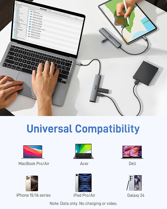 Acer USB C Hub, 10Gbps Type C Splitter with 4 USBC 3.2 Port, High Speed Type C Multiport Adapter for MacBook Air/Pro, iPhone 16/15, iPad, Surface Pro and More 【Not Support Charging or Video Output.】