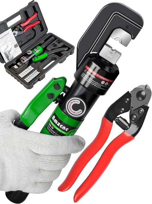 AMZCNC 1/8” Wire Rope Crimping Tool Hydraulic Hand Crimper Tool for Stainless Steel Cable Railing Fittings for 1/8" 3/16" Cable –Wire Swaging Tool 8 Ton and Stainless Steel Cable Cutter