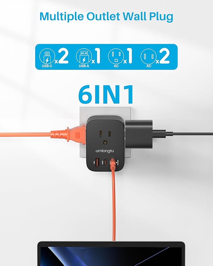 Multi Plug Outlet Extender, Surge Protector Wall Plug Splitter with 3 Electrical Outlets 3 USB Ports, PD 20W USB C Charger Block Wall Outlet Expander for Travel Home Office Dorm Room Essentials(Black)