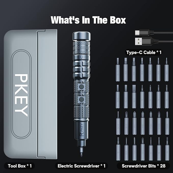 PKEY Mini Electric Screwdriver Set,Precision Electric Screwdriver， Cordless with 28 Precision Magnetic Bits, 3 Gears Torque, Overload Protection, Repair Tool Set for Phone Camera Laptop Watch
