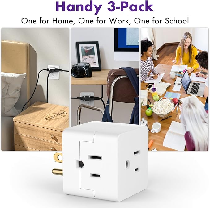 POWERCORDS 3 Power Blocks Outlet Splitter, 3 Pack, Grounded Wall Tap, 3-Prong Plug Adapter AC Multi Plug Wall Outlet, Power Splitter, Cruise Essentials, for Home Office School Dorm, UL Listed, White