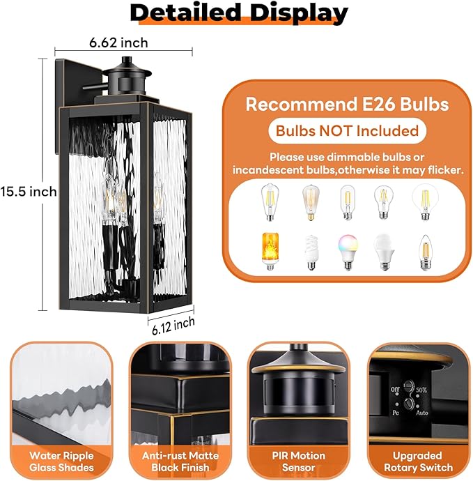 Large Motion Sensor Outdoor Wall Light, Waterproof Exterior Wall Sconce Light Fixture with Water-Rippled Glass, Bronze Modern Outside Wall Lantern for House, Porch, Patio, Garage, Bulbs Not Included