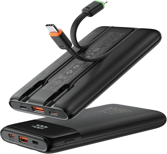 VEGER 10000mAh Portable Charger with 2 Built-in Cables, PD 22.5W Fast Charging USB C Power Bank, 4 Outputs 3 Inputs Slim Battery Pack Compatible with iPhone, Samsung, iPad, Android - Travel Essential