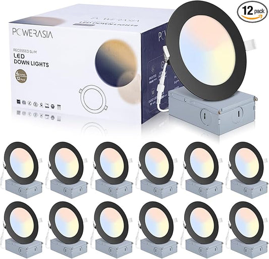 12 Pack Recessed Lighting 4 Inch with Junction Box, 5CCT 4 Inch Black LED Recessed Lights Dimmable 2700K/3000K/4000K/5000K/6000K, 9W 700lm Ultra Thin Recessed Lighting - ETL and Energy Star Certified