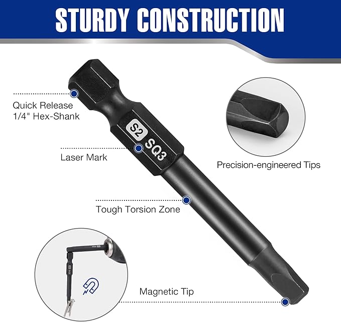 WORKPRO 10pcs Square Bit Set, CNC Machined S2 Steel Magnetic Screwdriver Bits Set, 1/4 Inch Hex Shank Driver Bits, 2.3 Inch Long Screwdriver Bits Set with Storage Box