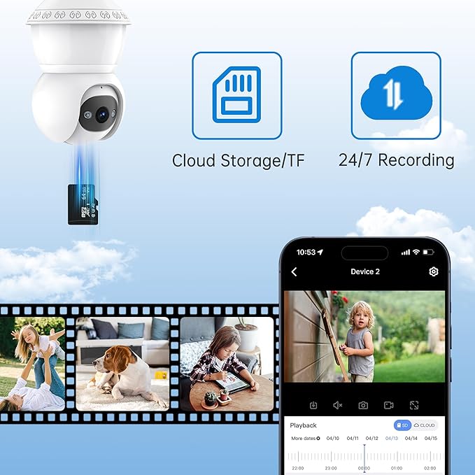 Light Bulb Security Camera,5G& 2.4G WiFi Security Cameras Wireless Outdoor,3MP& 360° PTZ Light Bulb Camera Outdoor, Night Vision, AI Human Detection&Alarm, 2-Way Audio, Cloud Storage