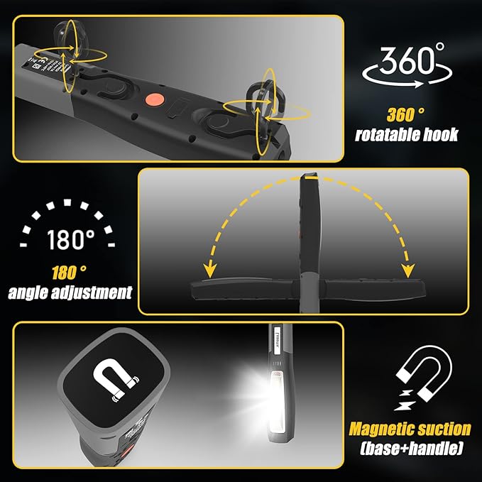 Luasmx Rechargeable LED Work Light, Black, Portable Hook Mechanic Flashlight for Car Repair/Mechanics/Camping/Emergency
