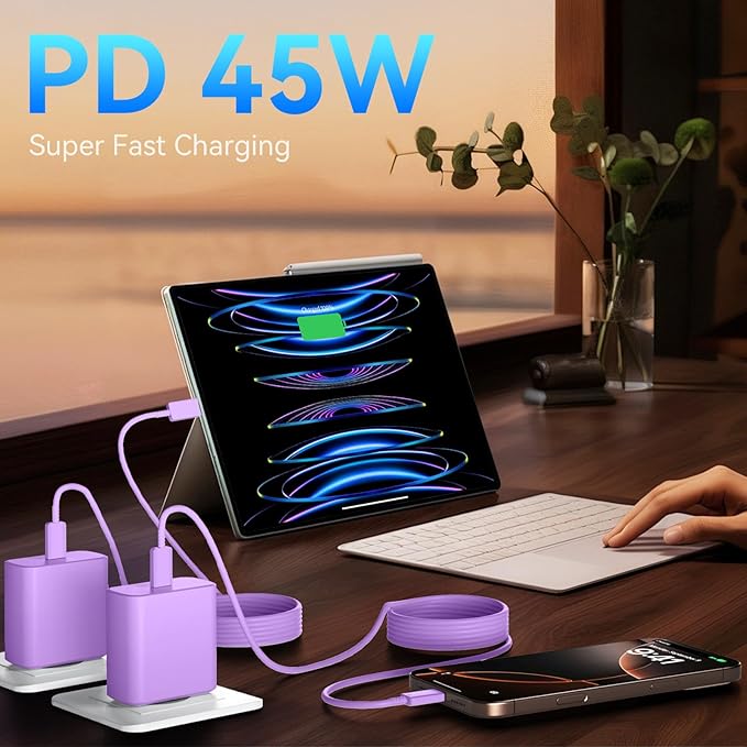 Phone 16 Pro Max Charger Fast Charging, 45W Super Fast USB C Charger Block with 6.6FT Long Charging Cord Cable for Phone 16 Pro Max/16 Pro/16/16 Plus,15 Pro Max/15 Pro/15,Android Phone-Purple