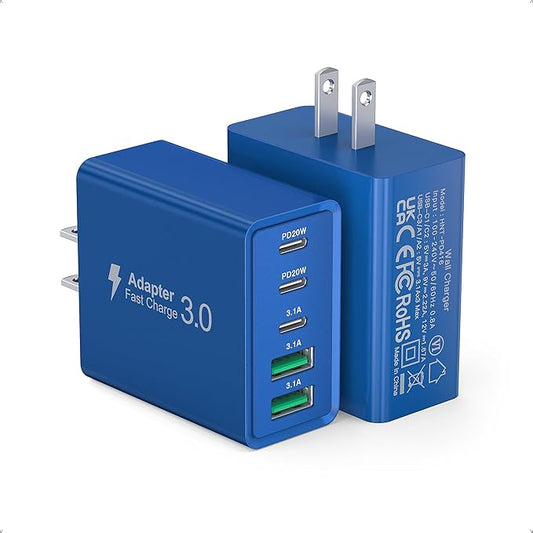 50W USB C Fast Charger Cube,2 Pack PD+QC Charging Block Power Adapter 5 Port Wall Mount Plug for iPhone 16 15 14 13 12, Motorola, LG, Google Pixel 6a/6 Pro/6/5a/5/4/4A Box Brick (Dark Blue)