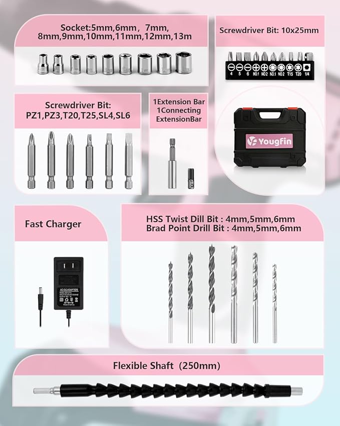 Yougfin Cordless Drill Set, 20V Power Drill Driver With Battery & Charger, 3/8'' Keyless Chuck, Variable Speed, 25+1 Torque Setting, Pink & Black