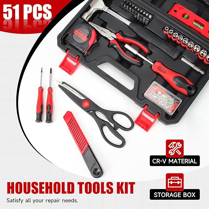 51-Piece Red Tool Set, Home Tool Kit with Toolbox Storage Case Home Repair Tool Kit with Drawer for Women