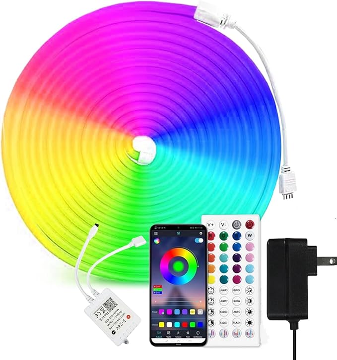 iNextStation RGB Neon LED Strip Lights, 16.4 FT Color Changing Flexible Rope Lights with Power Adapter, Control with APP & Remote, IP65 Waterproof, Music Sync Neon Light Strip for Bedroom Party Decor