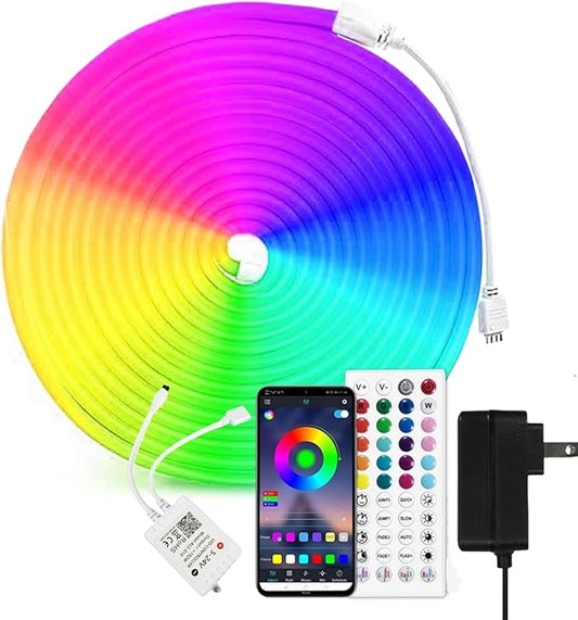 iNextStation RGB Neon LED Strip Lights, 16.4 FT Color Changing Flexible Rope Lights with Power Adapter, Control with APP & Remote, IP65 Waterproof, Music Sync Neon Light Strip for Bedroom Party Decor