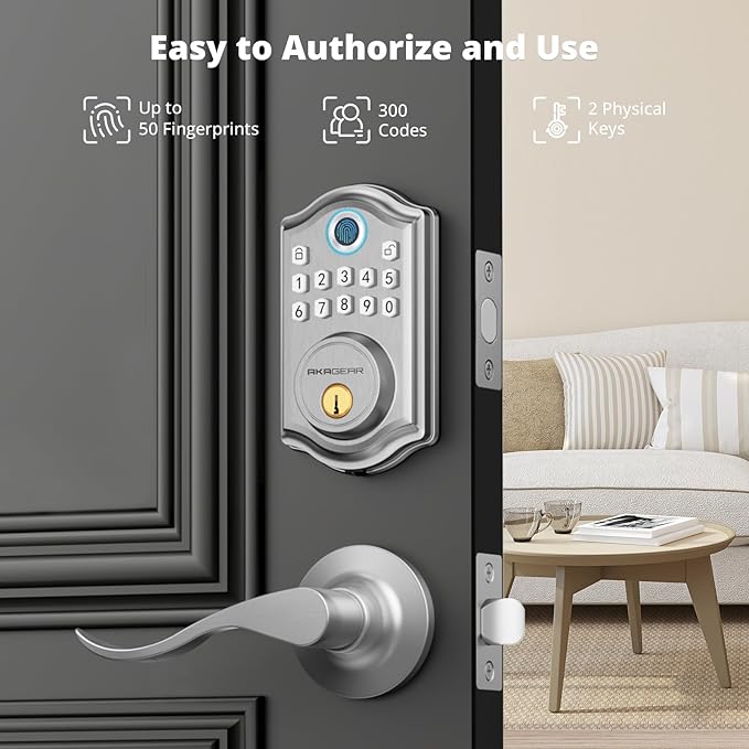 DS10 Keyless Entry Door Lock with 2 Lever Handle, Fingerprint, Keypad Code, 2 Keys, Smart Locks for Front Door, Bedroom, One-time Code, Auto-Lock, Easy Installation