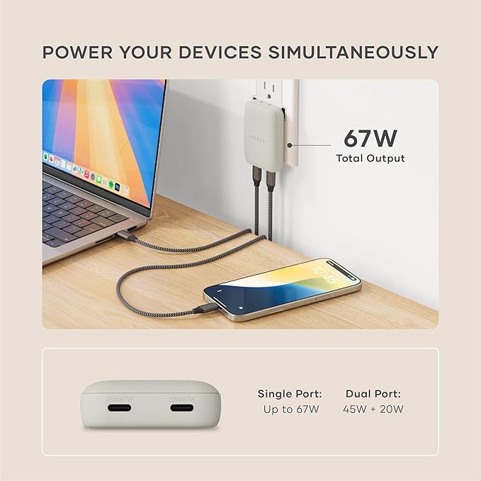 Satechi OntheGo 67W Wall Charger, GaN USB C Travel Charger with 2 USB-C PD Fast Charging Ports, for MacBook Pro/Air, iPad Pro/Air, iPhone 16, Steam Deck, Galaxy, Windows – Sand