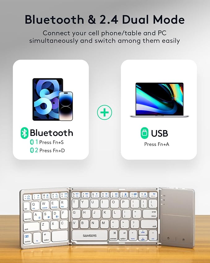 Samsers Multi-Device Foldable Bluetooth Keyboard with Touchpad, Rechargeable Dual-Mode(2.4G+BTx2) Wireless Keyboard with Holder, Portable Folding Keyboards for Android Windows iOS Mac OS - Silver