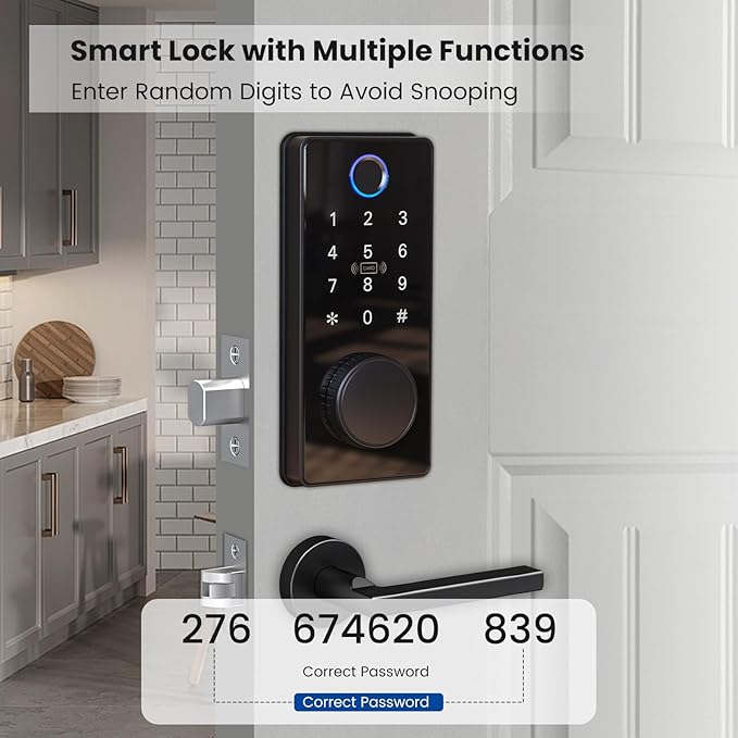 Fingerprint Keyless Entry Door Lock, Electronic Door Lock with Touchscreen, Auto Locking, One-Time Code, Keypad Deadbolt, One-Touch Locking, Easy Installation, BHMA - Black