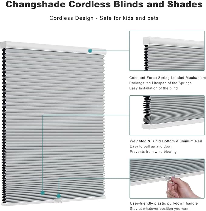 Changshade Cordless Cellular Shades, Blackout Honeycomb Shades for Windows, Pull Down Pleated Blinds, Easy to Install for Indoor Windows and French Doors,45" W x 72" H, Grey