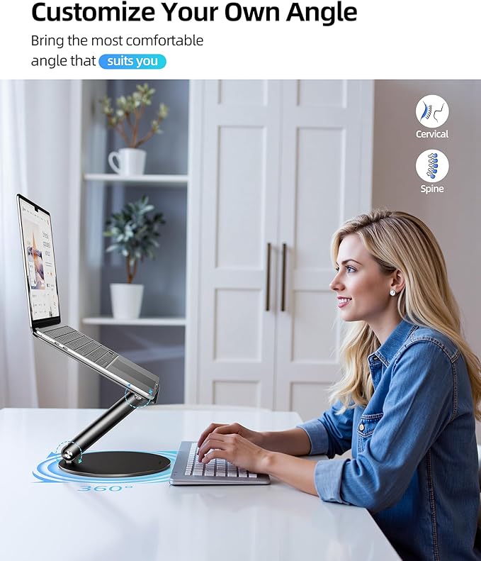 LULULOOK Laptop Stand for Desk, Full Aluminum Computer Stand, 360 Rotating Adjustable Laptop Riser, Foldable MacBook Holder Compatible with MacBook Pro/Air, Dell, HP, and 10-17inch Laptops (Black)