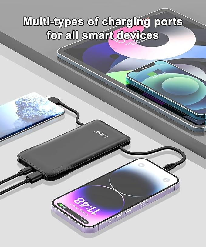 TG90° Portable Charger with Cords 10000mAh Power Bank with Built in Cables Battery Backup Cell Phone External Battery Pack Compatible with iPhone 16 15 14 13 12 Samsung S22 S21 Google iPad etc