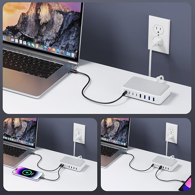 200W USB C Charger Block, GaN III 8-Port USB C Fast Charging Station PPS PD 65W Laptop Charger Adapter Compatible with MacBook Pro/Air,DELL,HP Surface,iPhone 16/15/Pro/14/13,Galaxy,Steam Deck-White