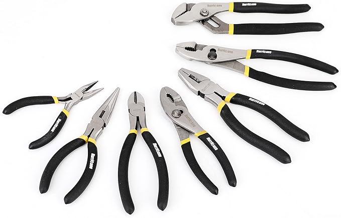 HURRICANE 7-Piece Pliers Set - 8 Inch Groove Joint, Slip Joint, 7 Inch Linesman, 6 Inch Diagonal, Long Nose, Mini Long Nose for DIY & Home Use