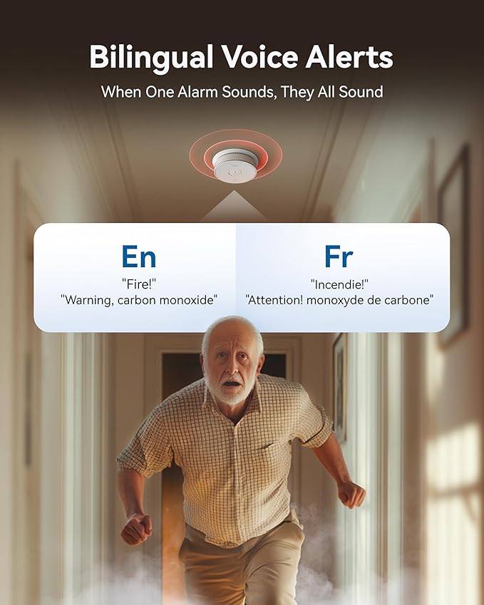SITERWELL Smoke Detector Carbon Monoxide Detector Combo 10 Year Battery, Meets UL217-9th Standards, Reduced Nuisance Alarms, Smoke and Carbon Monoxide Detector with Bilingual Voice Alerts, 1 Pack