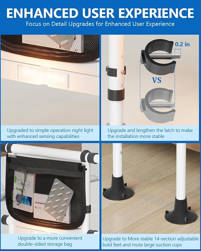 Bed Rails for Elderly Adults Seniors Adjustable Height Safety Rail with 400 Lbs Capacity, Non-Slip Handle & Smart Night Light, Fall Prevention Grab Bar for King Queen Full Twin Beds White