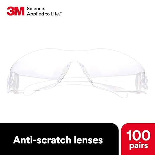 3M Safety Glasses, Virtua, Pack of 100, ANSI Z87, Unisex, Clear Hard Coat Lens, Clear Frame, Economical Eyewear Protection, Lightweight, Wraparound Coverage, UVA, UVB, UVC