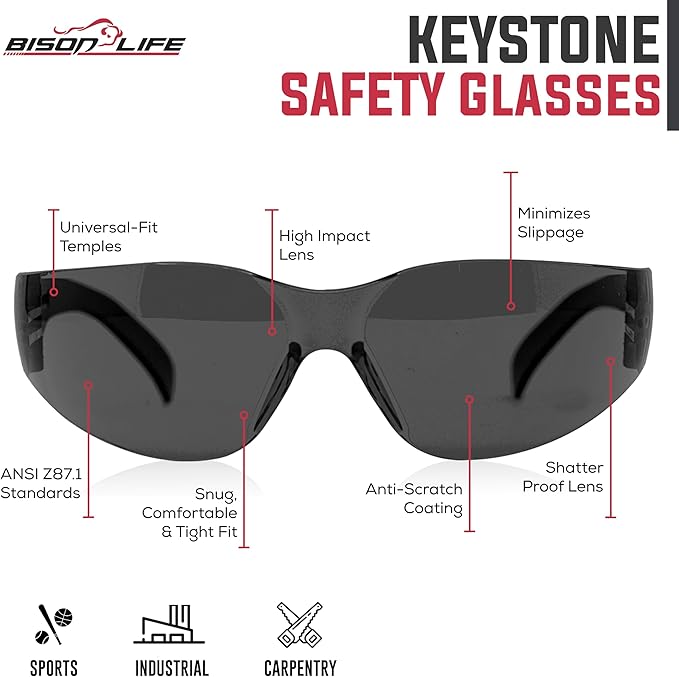 BISON LIFE Keystone Color Lens Safety Glasses | Anti Scratch | Impact Resistance | ANSI Z87.1 Standard | UV 400 Protection