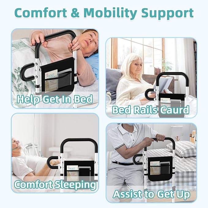 Bed Rails for Elderly Adults Safety with Motion Sensor LED Light - Adjustable Bed Assist Rails for Full Size, Portable Bed Cane for Seniors with Storage Pocket, Hold Up to 300 Lbs