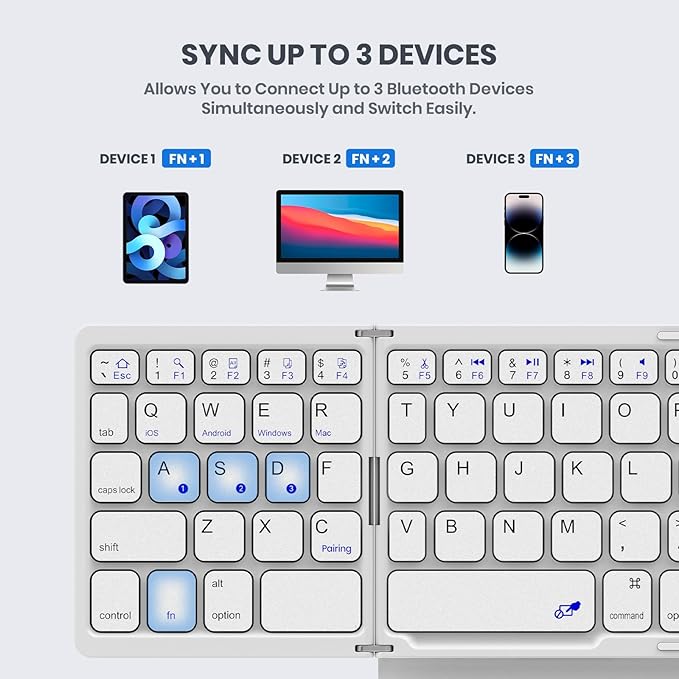 Foldable Bluetooth Keyboard, Portable Full Size Folding Keyboard with Large Touchpad, Numeric Keypad, PU Leather, Wireless TravelKeyboard for Windows Android Mac(White)
