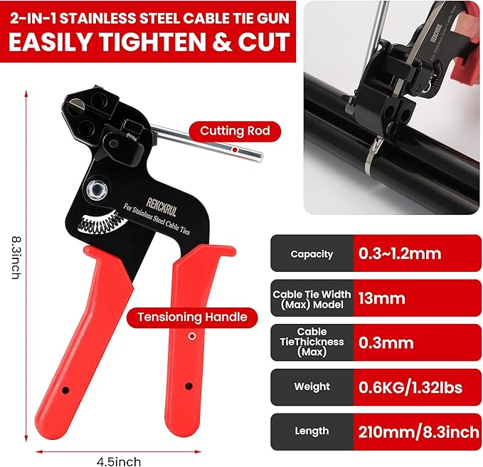 Stainless Steel Cable Tie Gun Set – Heavy Duty Metal Zip Tie Tool Kit - 150PCS Self-Locking Ties, Adjustable Fastening & Cutting Tool for Outdoor Fencing, Automotive, Exhaust Pipes (Red)