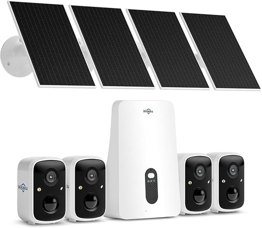 Hiseeu Solar Security Cameras Wireless Outdoor, 4 Cam-Kit, Expandable to 10CH, No Monthly Fee, Solar-Powered, Wireless Security Cameras System with 2K Color Night Vision, Easy Setup, 2.4G & 5G WiFi