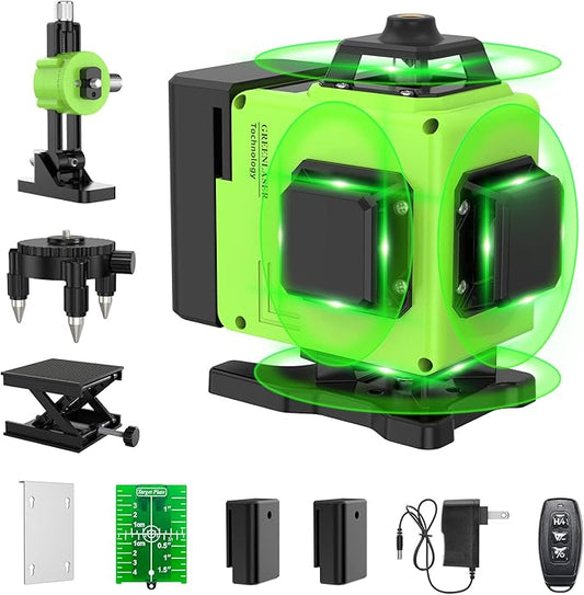 16 Lines Laser Level 360 Self Leveling, 4x360° 4D Green Beam Cross Line Lazer Level with 2 Batteries,360°Horizontal/Vertical Line Laser Remote Control for Tiling Floor Construction and Picture Hanging