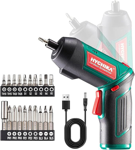 HYCHIKA Electric Screwdriver, 6N.m and 2000mAh 3.6V Cordless Screwdriver with 20 Accessories, Work Light, Charging Cable and Magnetic Chuck