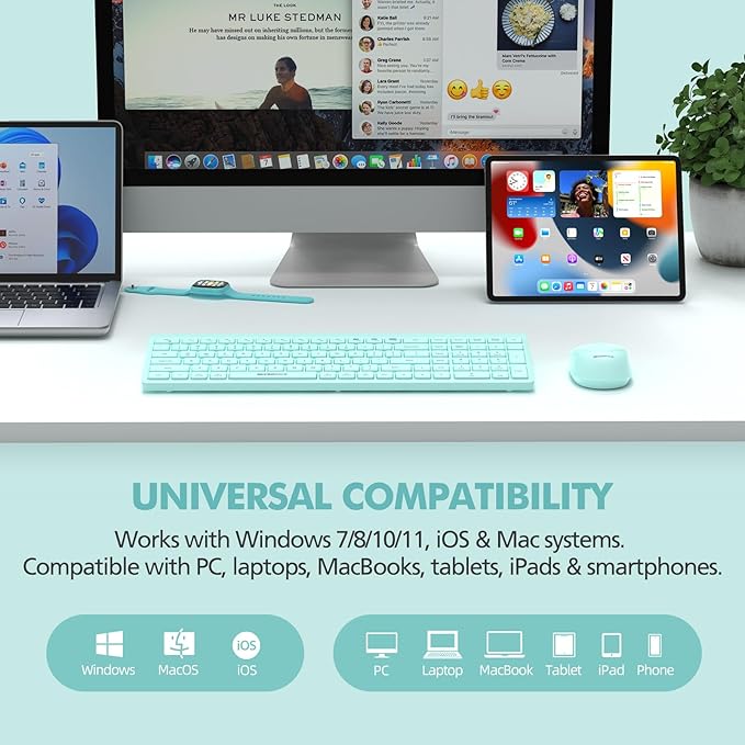 Teal Wireless Keyboard and Mouse Combo for Desktop Mac iPad Bluetooth 2.4 Ghz Rechargeable Slim Silent Click with Number Pad Compatible with Pc, Laptop, Tablet (Green)