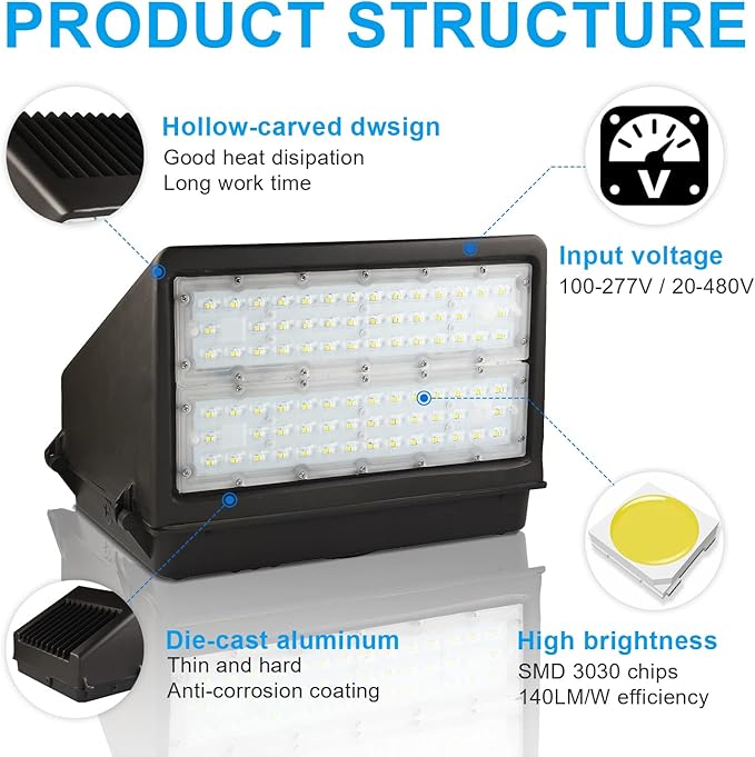 OSTEK 100W Full Cut-Off LED Wall Pack Light with Photocell 11000LM 5000K - Replaces 400 watt Metal halide/HPS, Outdoor Area Full Cutoff Wall Pack led Light Fixture IP65, UL, DLC (watts, 100)
