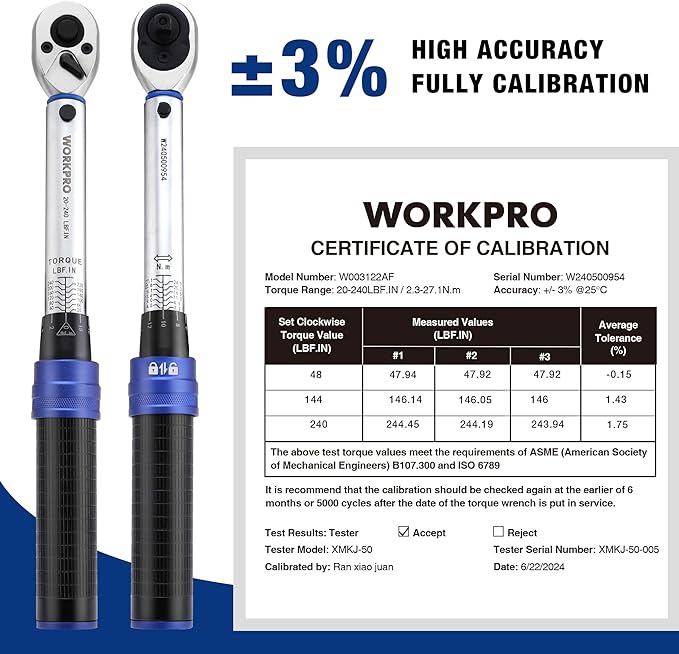 WORKPRO 1/4-inch Drive Click Torque Wrench, Inch Pound Bike Torque Wrench Set, Dual-Range 20-240 in.lb / 2.3-27.1 N.m, Lightweight Aluminum Handle, 72-Tooth, 14 Pcs, Precision for Bicycle Maintenance