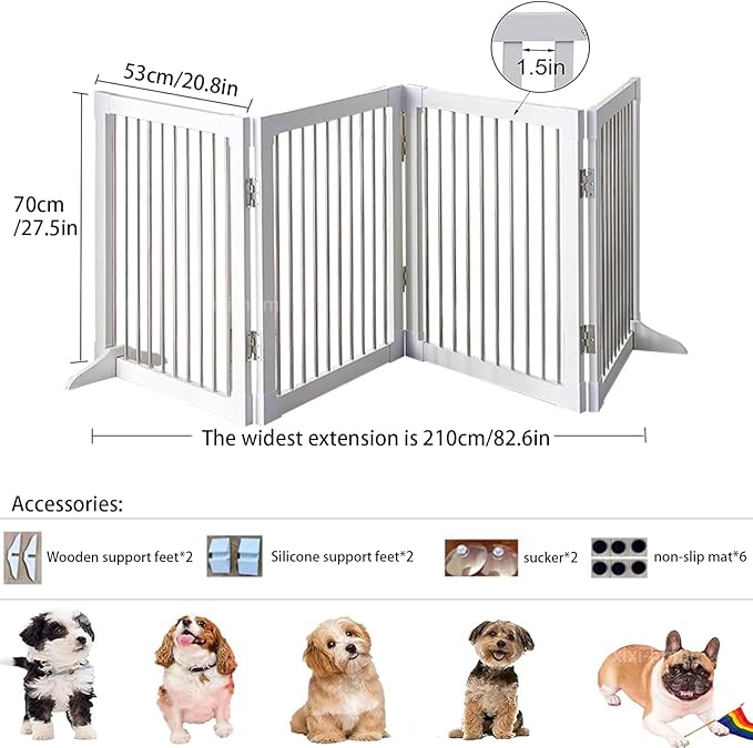 Foldable Wooden Dog Gates 82.6" Wide, 27.5" Tall Freestanding Pet Gate Dog Fence No-Installation Puppy Safety Fence Extra Wide Puppy Barrier for Doorways,Stairs, or Hallways-4 Panel，White