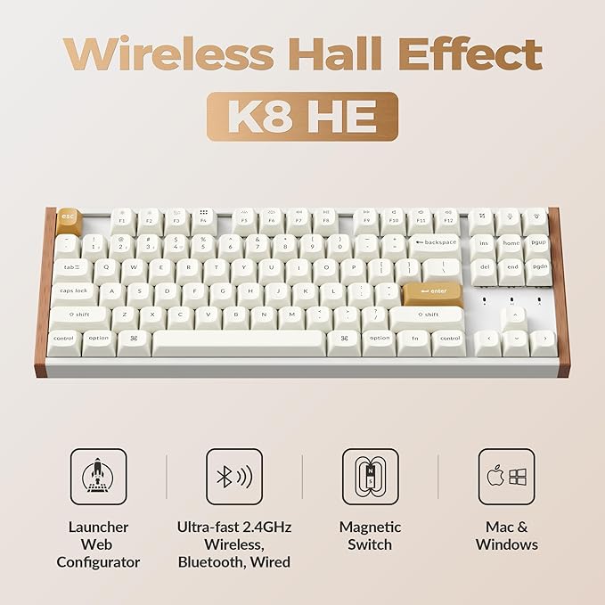 Keychron K8 HE TKL Wireless Bluetooth 2.4G Wired Triple Mode Hot Swappable Hall Effect Keyboard with QMK VIA Aluminum+Wood Frame Rapid Trigger for Mac Windows Linux-White